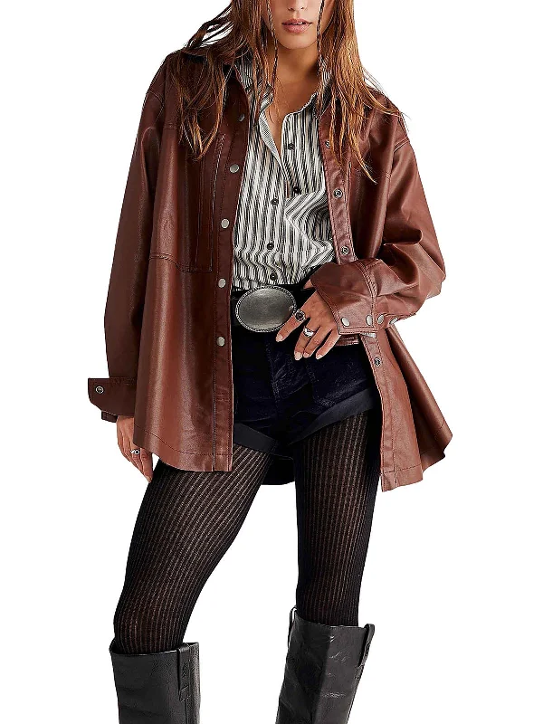 Women's Trendy Casual Outfit Womens Faux Leather Lightweight Shirt Jacket