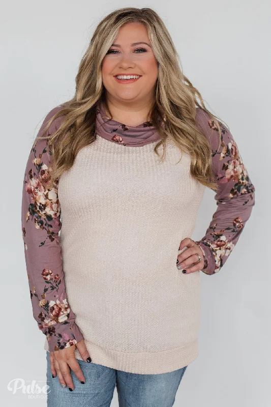 Casual Chic Deals Floral & Waffle Print Cowl Neck Top- Cream & Purple