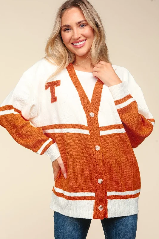High End Women's Wear Full Size V Neck Button Down Letter Patch Cardigan