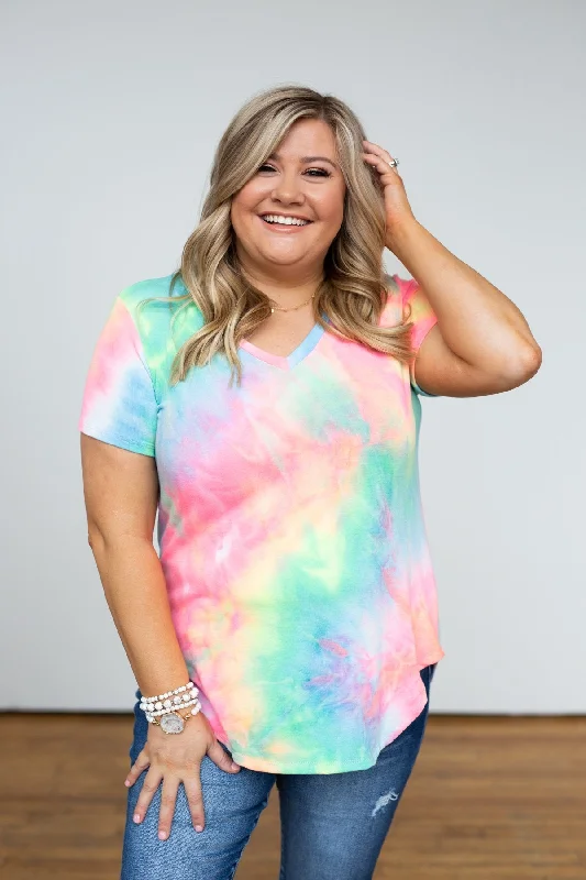 Get Ready To Save Like Never Before Tie Dye V-Neck Top- Neon