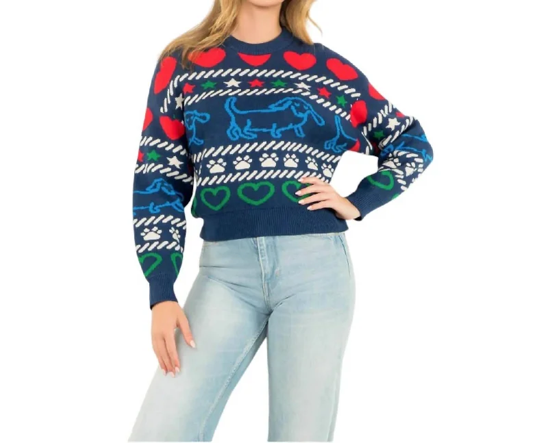 Limited Stock, Big Discounts Fun Pattern Knit Crew Neck Sweater In Navy Blue