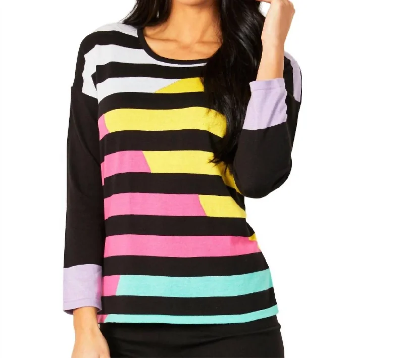Flowy Fabric Multi Stripe Crew Neck Top In Black
