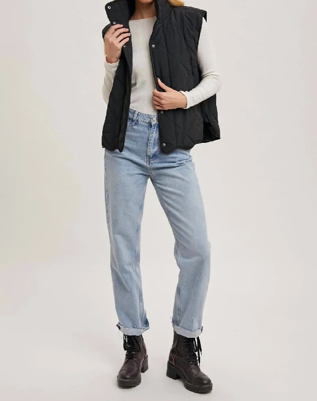 Early Bird Offer Button Down Quilted Puffer Vest In Black
