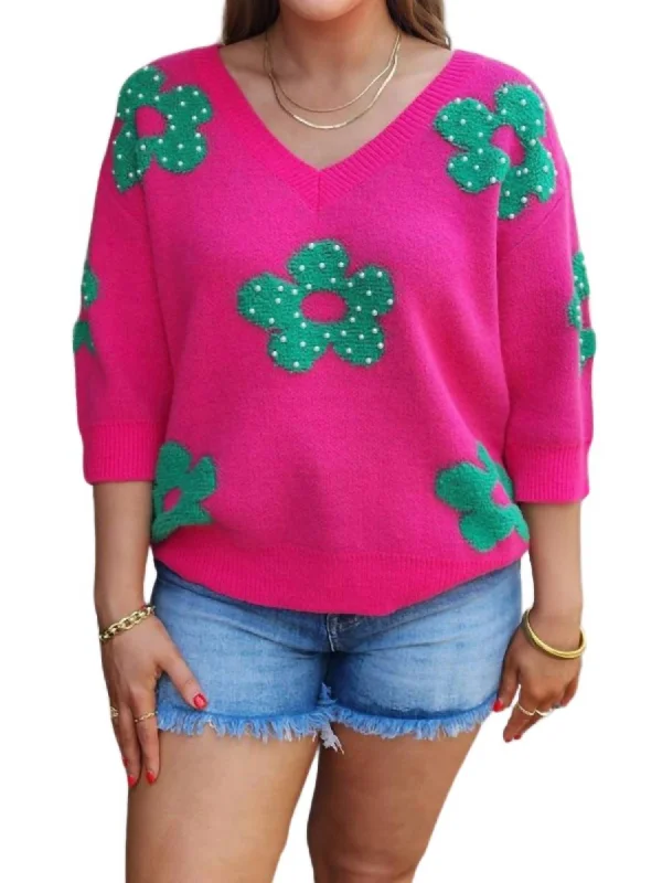 Summer Essentials Pearl Beads Flowers Sweater Top - Plus In Fuchsia/jade