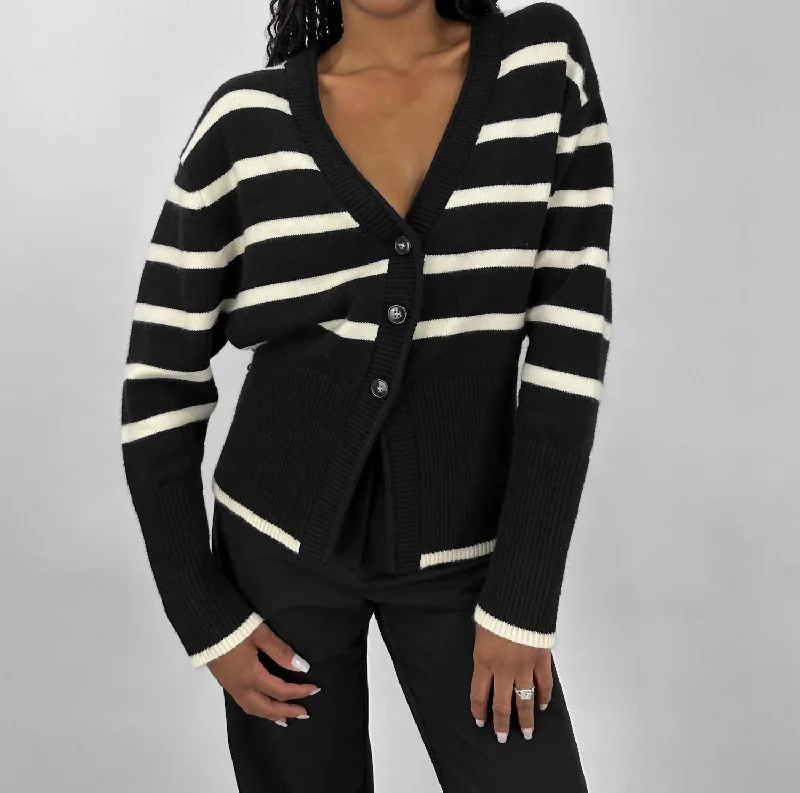 Graceful Cut Striped V Neck Knit Cardigan In Black And Cream