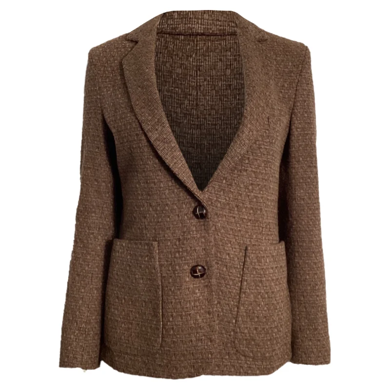 Bold and Elegant Women's Fashion Oscar De La Renta Single-Breasted Tweed Blazer in Brown Polyester