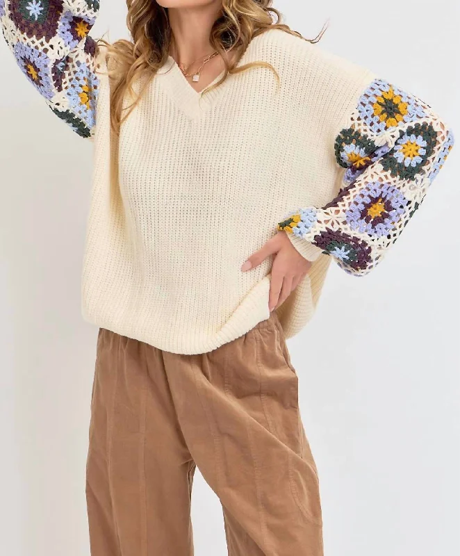Wardrobe Upgrade Crochet Patchwork Sweater In Ivory/blue