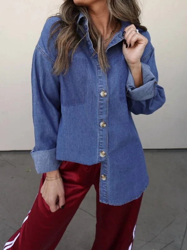 Seasonal Women's Fashion Trends Denim Contrasting Button Down Shirt In Blue