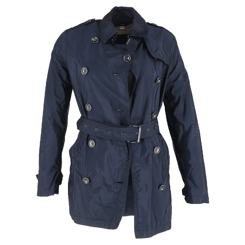 Chic And Comfortable Burberry Double-Breasted Belted Peacoat in Navy Blue Nylon