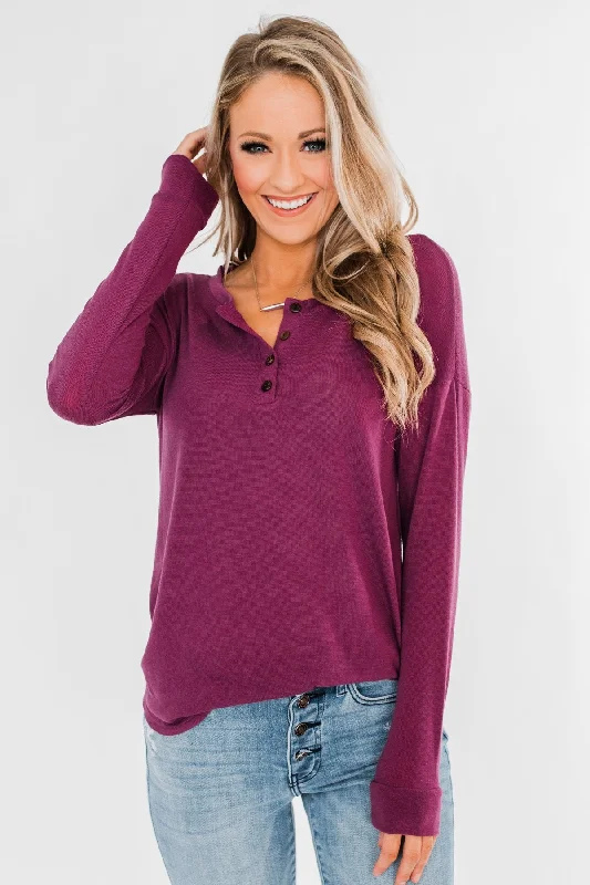 Limited-Time Offers You Can't Ignore Cozy & Warm 4 Button Henley Top- Plum