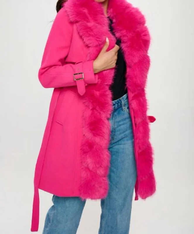 Women's Evening Clothing Vegan Wool Coat With Removeable Fur Detail In Hot Pink