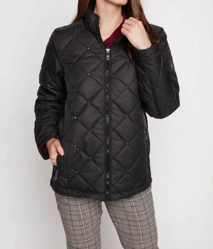 Women's Chic Outfit Zip Front Diamond Quilt Jacket In Black