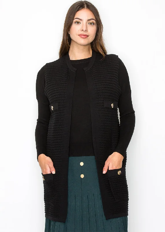 Spring Fashion Black Knit Vest with Gold Button Details