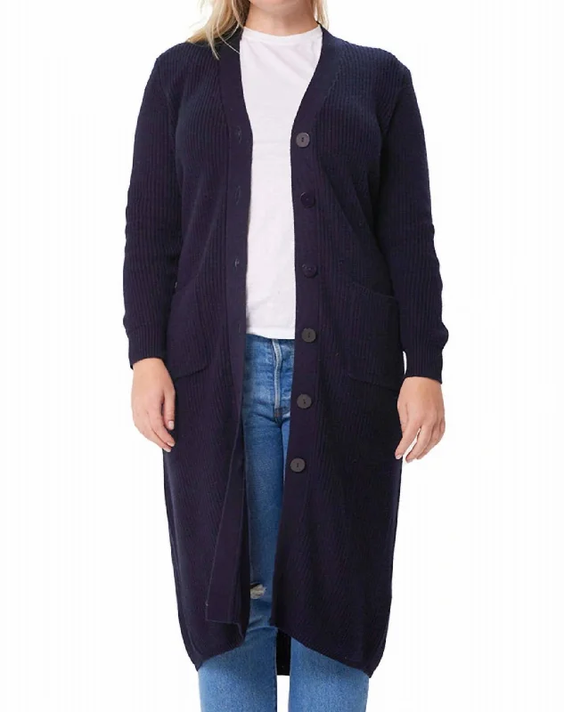 New Arrivals Cotton Cashmere Belted Ribbed Long Cardigan In Navy