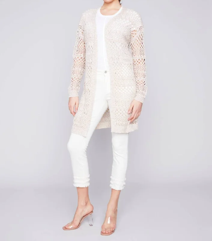 Effortless Comfort Long Knit Crochet Cardigan In Beige