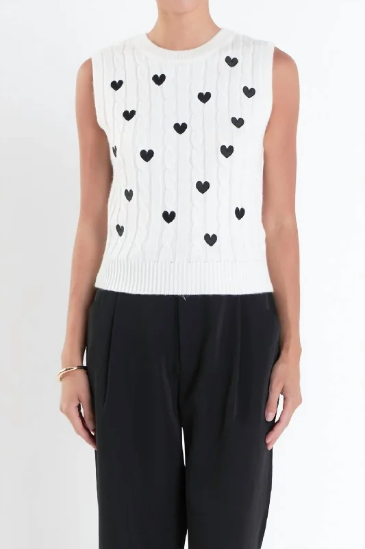 Flash Sale, Don't Miss Heart Embroidered Sleeveless Cable Sweater In Off White