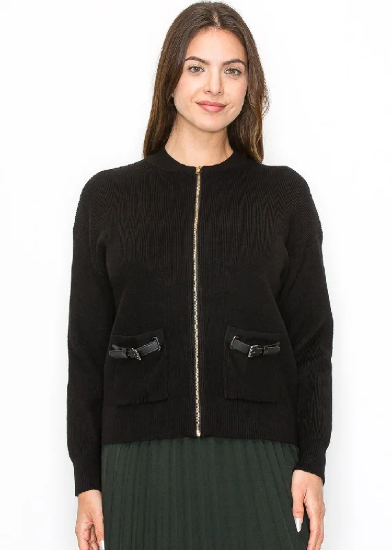 Stylish Savings Black Zip Cardigan with Pocket Detail