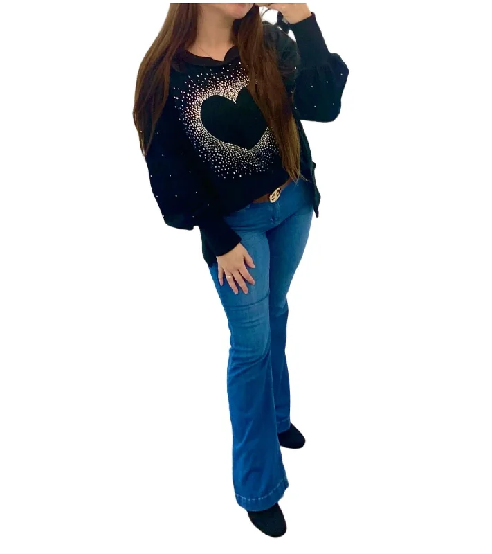 Style Upgrade Rhinestone Heart Pullover In Black