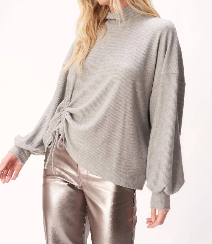 Pastel Styles Sinead Cinched Heathered Cozy Rib Mockneck Top In Heathered Grey