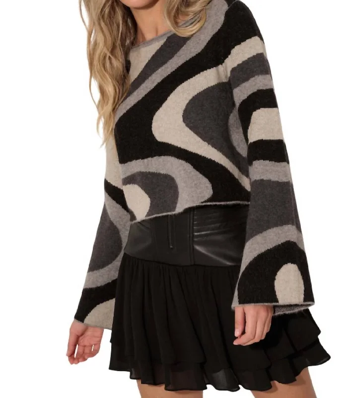 Style Upgrade Swirl Raw Edge Bell Sleeve Sweater In Black/grey