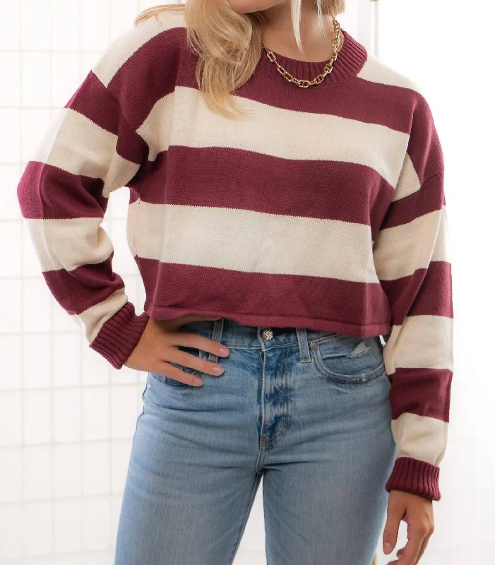 Rustic Countryside Charm Look Long Sleeve Striped Crop Sweater In Garnet
