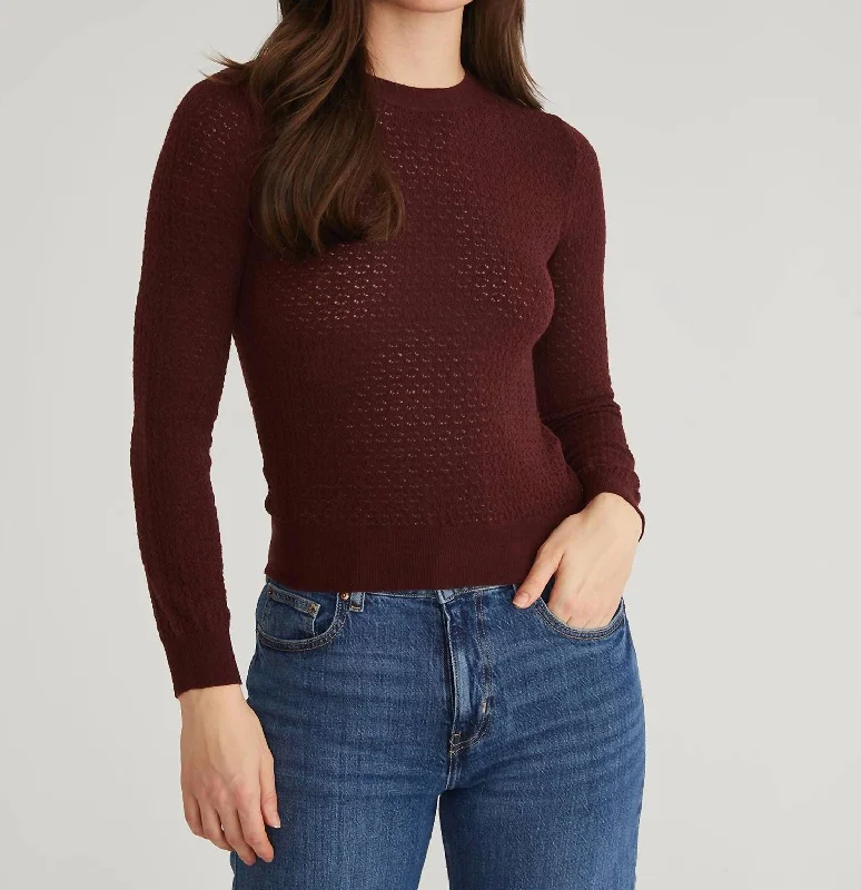 Colorful Clothing Holly Pointelle Stitch Long Sleeve Sweater In Oxblood