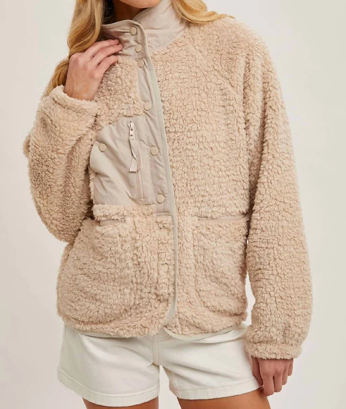 Women's Professional Attire Button Down Fleece Sherpa Jacket In Beige