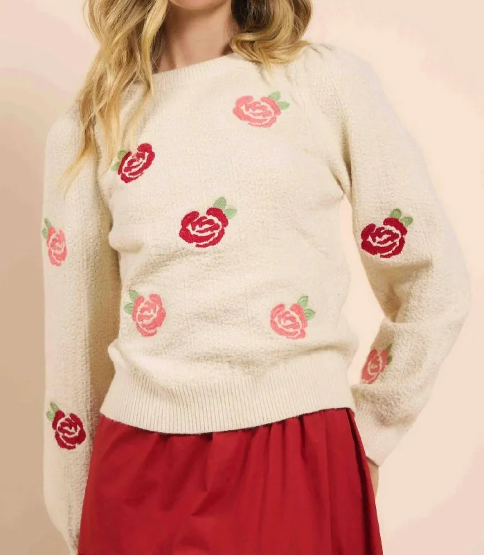 Limited Stock, Big Discounts Smell The Roses Embroidered Sweater In Cream