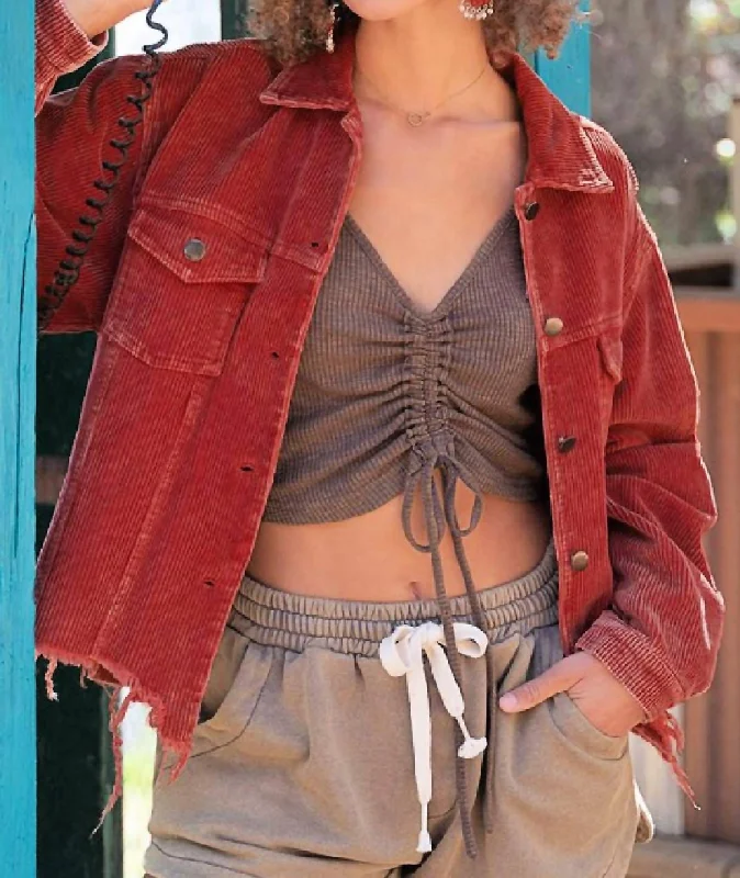 Trendy Street Style Clothing Crop Corduroy Jacket W/ Raw Hemlin In Tomato