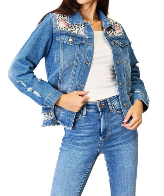 Women's Clothing For Travel Leopard Floral Distressed Jacket In Blue/leopard
