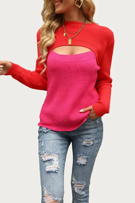 Limited Time Deal Two-Tone Colorblock Cutout Sweater In Red/hot Pink