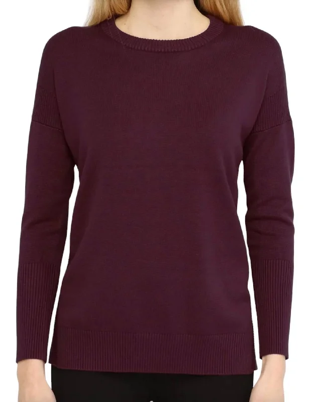 Pastel Styles Crew Neck Pullover Top W/ Side Slits In Vineyard Wine