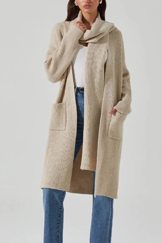 Sustainable Fashion Extravaganza Noemi Camel Scarf Long Cardigan In Beige