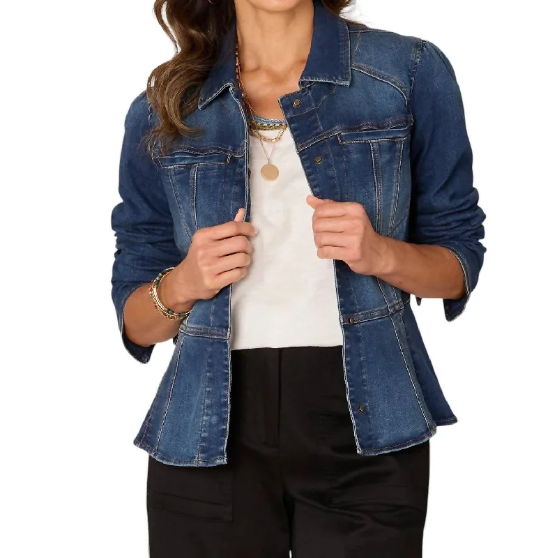 Sale On Clothing Long Puff Sleeve Patch Pocket Peplum Jacket With Hidden Snaps In Blue