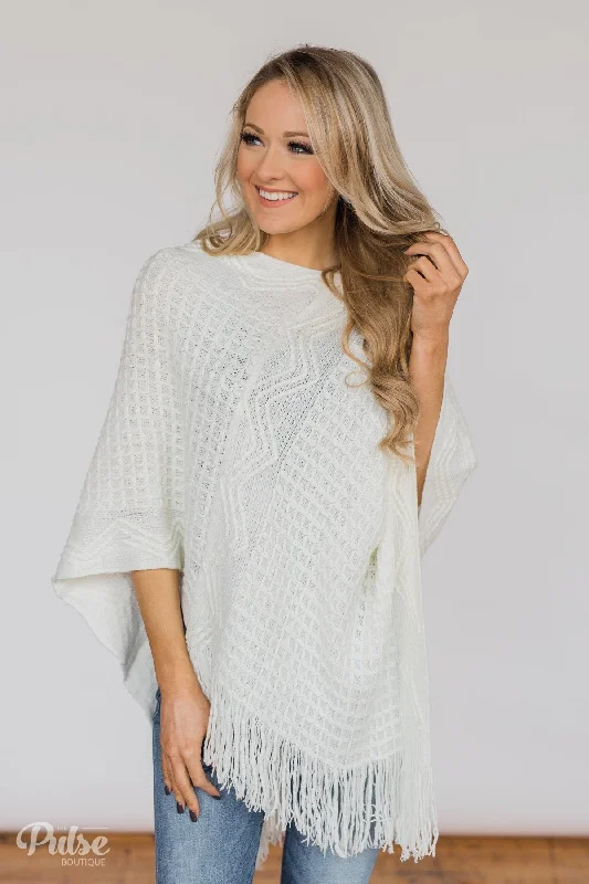 Affordable Luxury Fashion Gliding In Style Knitted Poncho Top- Ivory