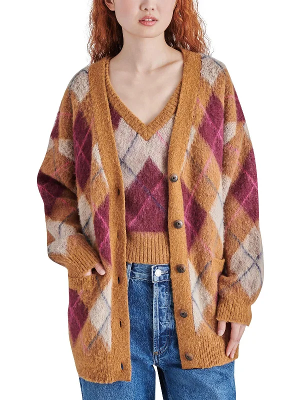 Effortless Grace Womens Wool Blend Argyle Cardigan Sweater