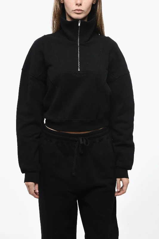 Quick Grab Deals Saint Laurent Fleeced Cotton Crop Sweatshirt With Half Zip