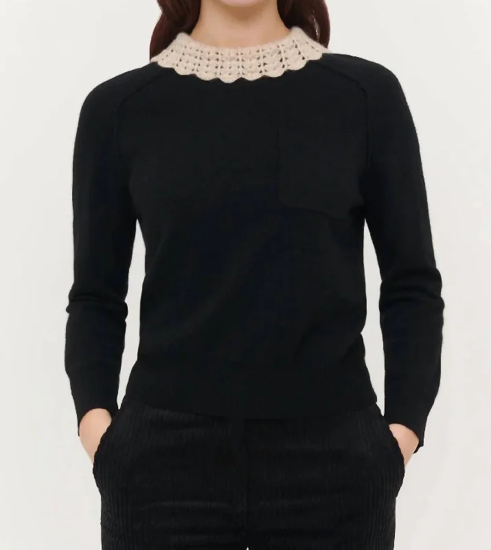 Special Offer Ruthie 3/4 Sleeve Crochet Collar Crew Sweater In Black