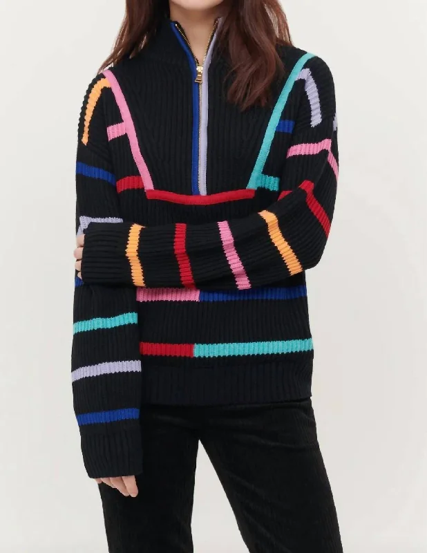 Effortless Chic Apparel Conner 1/2 Zip Mock Neck Striped Sweater In Black