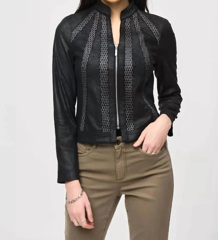 Online Boutique Stores Metallic Mesh Faux Suede Jacket In Black