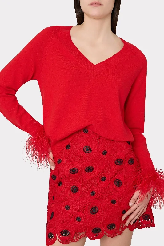 Dreamy Draping Feather Cuff V-Neck Sweater In Red
