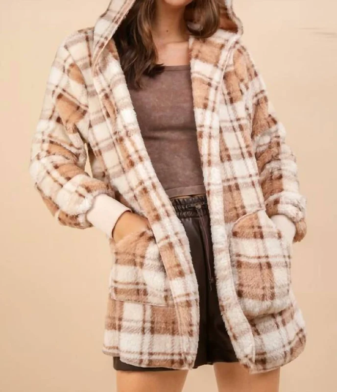 Women's Trendy Activewear Apparel Oversized Faux Fur Tunic Hooded Jacket In Brown