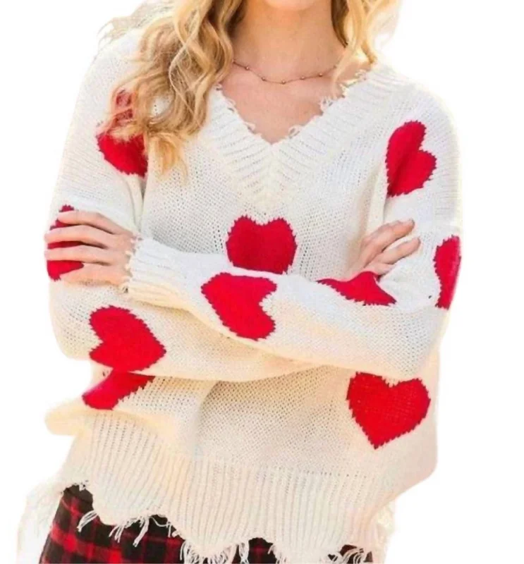 Best Sellers Heart Distressed Sweater In Off White