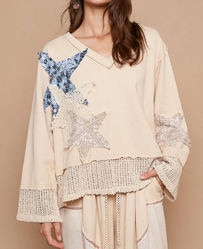 Fashion Sale Star Patch Detail Top In Almond