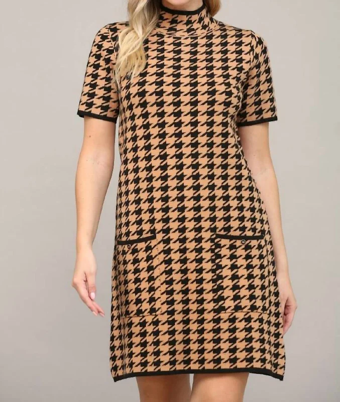 Trendy New Clothes Houndstooth Mock Neck Short Sleeve Sweater Dress In Camel