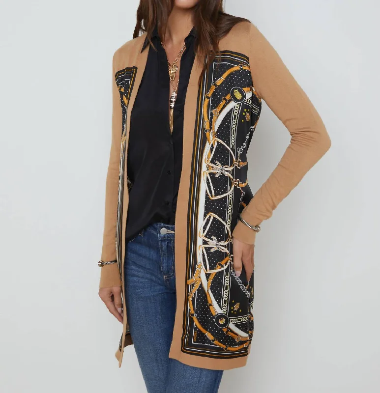 Stylish Looks Beverly Silk Panel Cardigan In Black/camel Buckle Scarf