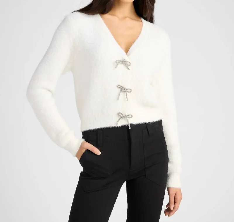 Wardrobe Refresh Porcelain Cardigan With Rhinestone Bows In Ivory