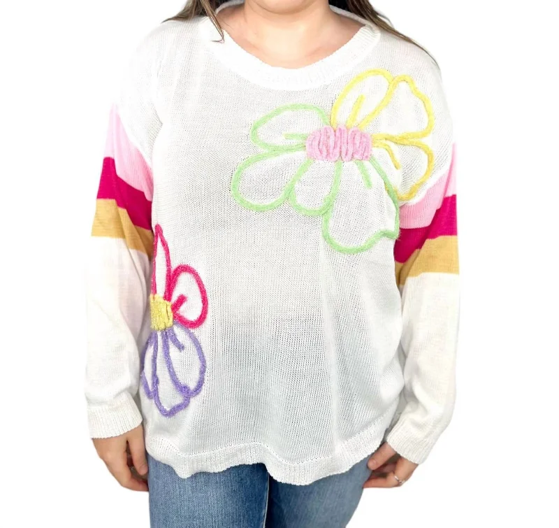 Hot Styles Striped Sleeve Flower Lightweight Sweater In Multi Color