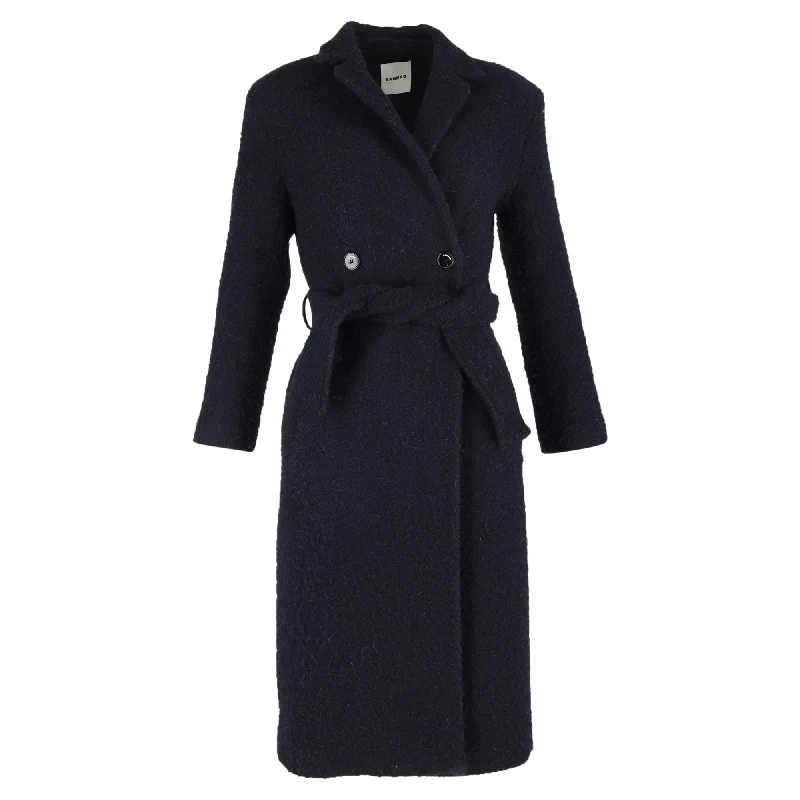 Women's Office Clothing Sandro Paris Belted Double-Breasted Coat in Navy Blue Wool