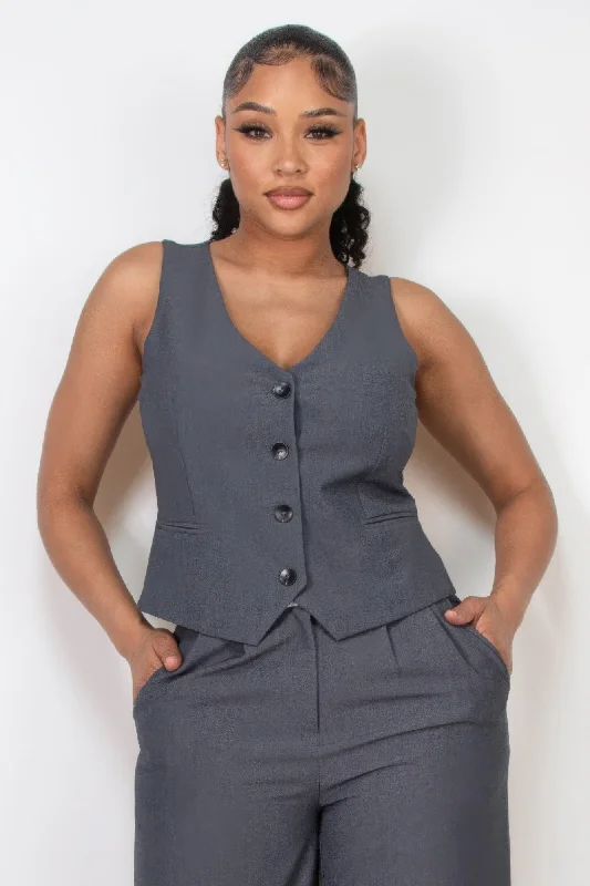 Trend Forward Women's Wear Buttoned Solid V-neck Vest Top